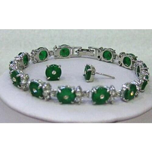 New hot Natural Green Jade Link Bracelet /earrings set AAA