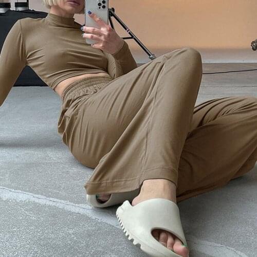 Solid Tracksuit Women Two Piece Set Long Sleeve Crop Top And Wide Leg Pants Sports Jogging Suit 2021 New Autumn Winter Outfits