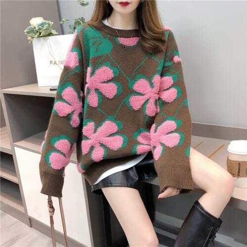 OMCHION Autumn And Winter 2021 New Fashion Flower Embroidery Sweater Women Casual V-neck Loose Pullover Oversized Thich Jumper