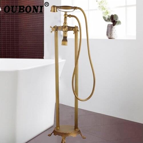 OUBONI Gold Chrome Black Antiue Brass Floor Standing Telephone Style Clawfoot Bath Shower Faucet Set Shower Bathtub Faucet
