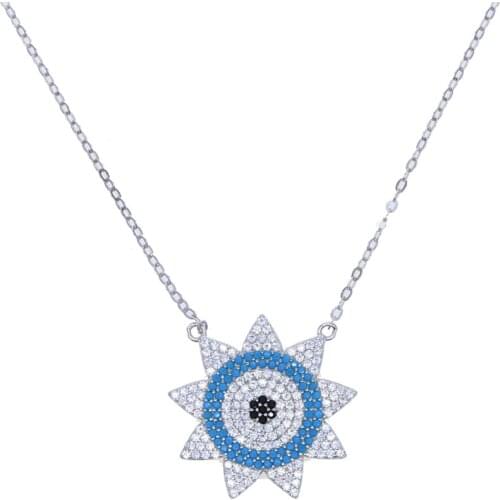 Wholesale Silver Color Black Clear Cubic Zirconia CZ Paved Sunflower Choker Lucky Turkish Evil Eye Pendant Necklace Lady Jewelry