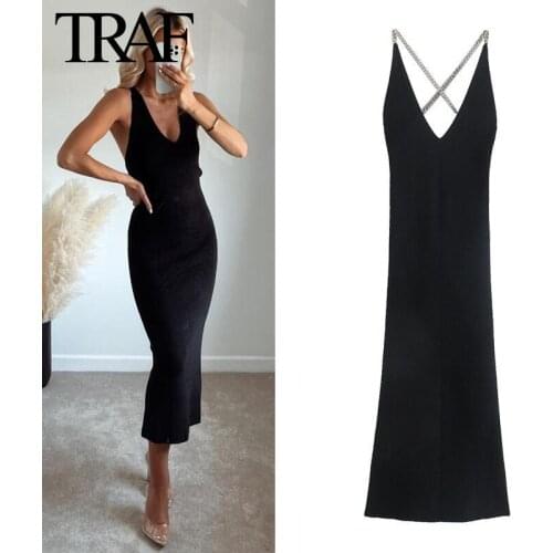 TRAF Women Clothes Black Dress Summer 2021 Party Bodycon Dresses Long Sexy Backless Chain Knit Midi Dress Mujer