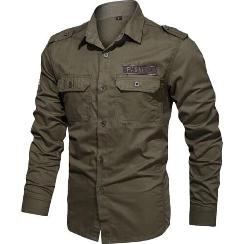 Mens Spring Pocket Button Male Shirts Letter Printing Cargo Shirts for Men Military Style Casual Long Sleeve Tactical Shirts