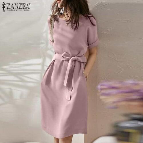 Womens Summer Sundress Belted ZANZEA 2021 Elegant Solid Dress Short Sleeve Knee Length Vestidos Female Basic Robe Oversized