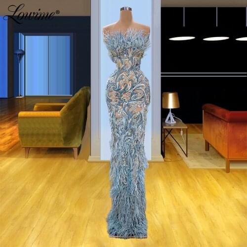 Feathers Blue Party Dresses Strapless See Through Arabic African Evening Gowns 2021 Dresses Women Party Night Prom Gowns Vestido