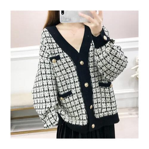 Vintage Plaid Sweater Coat Autumn Winter V-Neck Long Sleeve Sweater Women Casual Single breasted Loose Cardigans Female Outwear