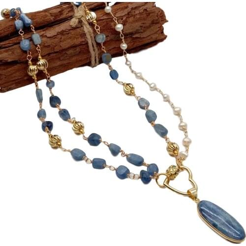 YYGEM 2 Strands Natural White Round Pearl Blue kyanite Small Nugget Chain statement Wrap Necklace kyanite Pendant necklace 23