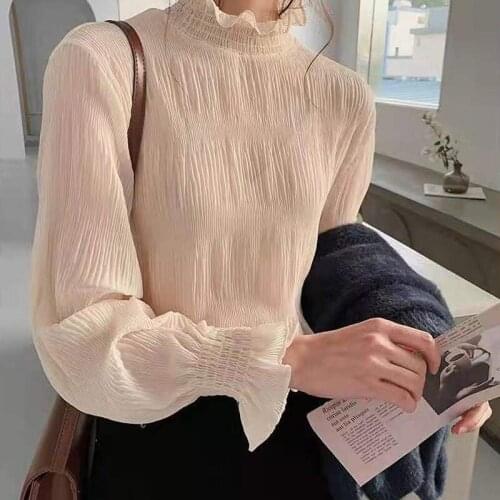 Korean Fashion Wmonen Clothing 2020 Chiffon Spliced Solid Peter pan Collar plus size Flare Sleeve blusas femininas shirst 0654