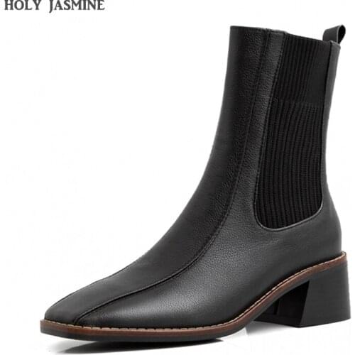 Chelsea Ankle Boots Women Cow Leather Boot Square Toe Shoes Female Fashion Party High Heels Shoes Ladies 2020 Autumn Winter New