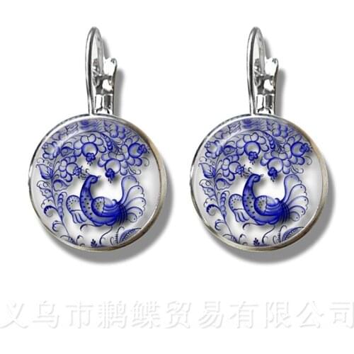 Peacock Pattern Glss Dome Earrings New Fashion Round Glass Peacock Feathers 16mm Glass Dome Stud Earrings For Women