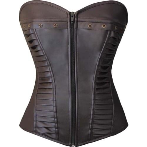 Womens Gothic Boned Lace up Retro Steampunk Brown Faux Leather Zipper Overbust Boned Lace up Corset Bustier Corset Tops Punk