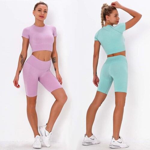 2Pcs Women Sport Suit Gym Set Crop Top Seamless Shorts Push ups Workout Running Clothing Gym Wear Athletic Sportsuit Yoga Set