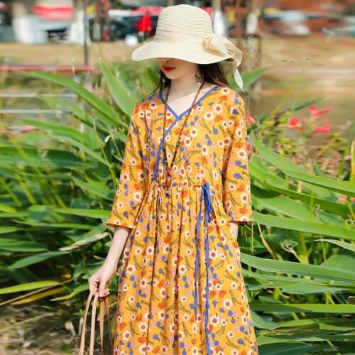 2021 New Arrival Fashion Women Spring Summer Dress Thin Soft Cotton Linen Print Floral Vintage Dress Holiday Travel Casual Dress