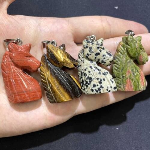 1pcs Natural Carved Unicorn Shape Malachite Agates Quartz Opal Tiger Eye Stone Charm DIY Pendants Necklace For Jewelry Making