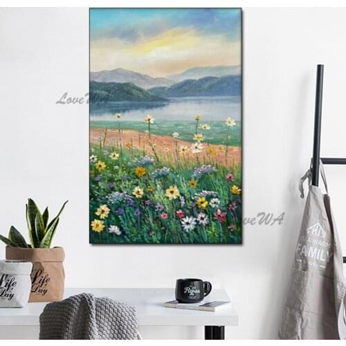 Abstract 100% Handpainted Painting Of Lakes And Mountains With Many Flowers New Arrival Wall Art Home Decor On Canvas No Framed