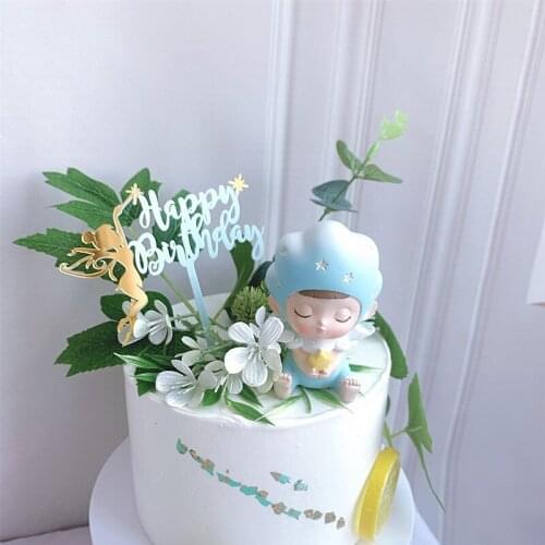 Acrylic Elves Happy Birthday Cake Topper Pink Blue Party cake flags Wedding Cake Toppers Birthday Party Cake Dessert Decoration
