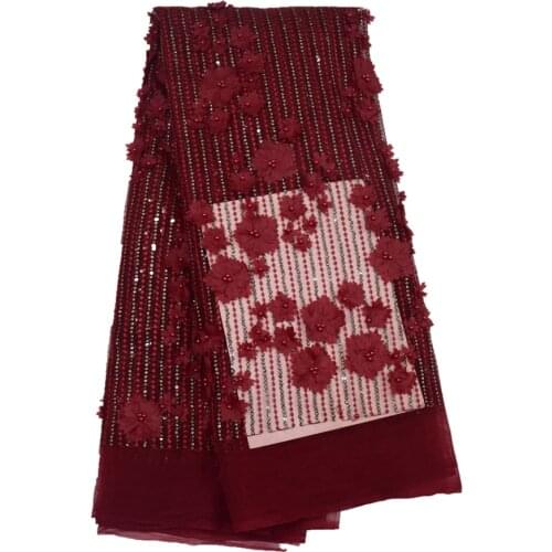 Free shipping Red wine 3d Handmade Floral African French Net Lace Embroidered Fabric for Wedding lace with stones HY0566-6