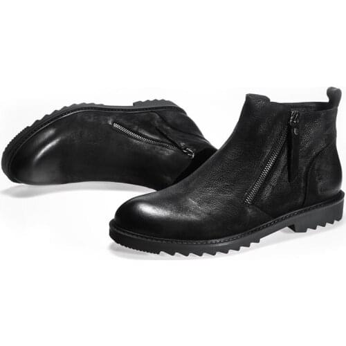 Winter New Mens Thick Leather Boots British Style High Shoes Male Shoes Genuine Leather Cow Round Toe Zipper Ankle Shoes