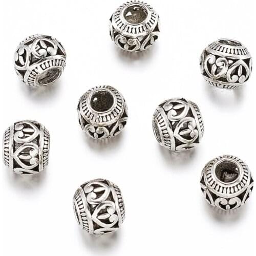 50pcs 11x9mm Tibetan Style European Larger Hole Beads For Jewelry Making DIY Bracelets Rondelle Antique Silver Color Hole: 4.5mm