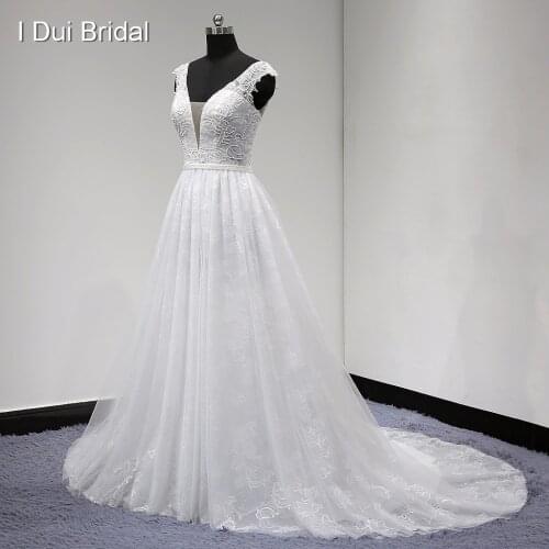 Lace Wedding Dress with Belt V Neck A line Sleeveless High Quality Real Photo Factory Custom Made