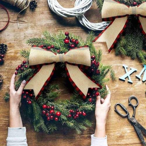 Plaid Wired Edge Ribbons Christmas Burlap Fabric Craft Ribbon Natural Wrapping Ribbon Rolls With Checkered Edge