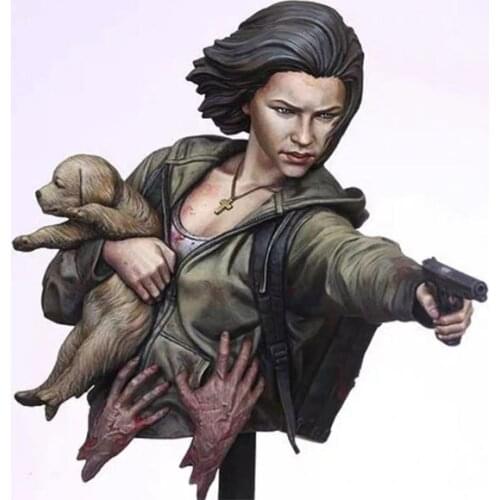 1/10 Scale Mechanical Female Soldier Holding Dog Resin Bust Miniatures Unpainted DIY Assembling Static Woman Figure Model Kits