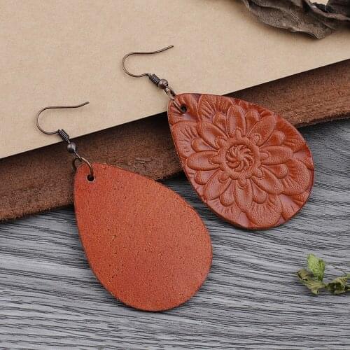 Trendy Handmade Genuine Leather Earring Carving Flower Teardrop Hook Earrings Pendant for Women Girl Jewelry Gift