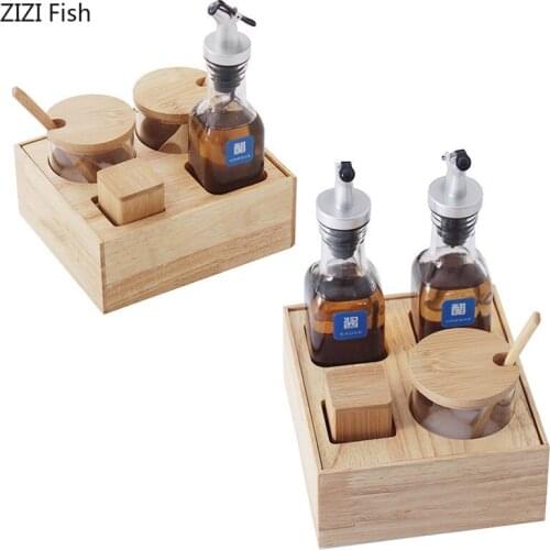 Glass Spice Jar Set Solid Wood Base Soy Sauce Bottle Salt Seasoning Jar Toothpick Box Set Modern Home Kitchen Seasoning Tools