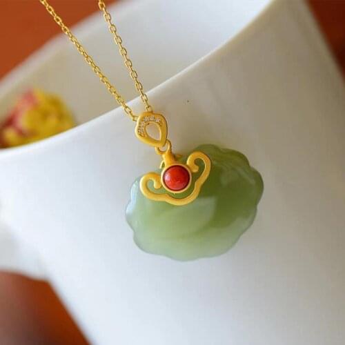Jade Ruyi Pendant Womens Long Life Safety Lock Natural Hetian Jade Necklace Womens Green Jade Pendant S925 Sterling Silver Nec