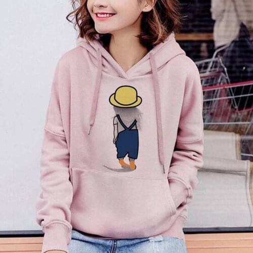 Lonely Back Pink Pullover Oversized Winter Long Sleeve Pocket Hoodie Women Sweatshirt Cartoon Print Kawaii Tracksuits Poleron