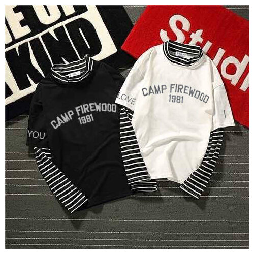 Autumn Mens Wear Stripes Fake Two-piece Jacket Long Sleeve Male Students Korean Version Loose Mens Net RedMale