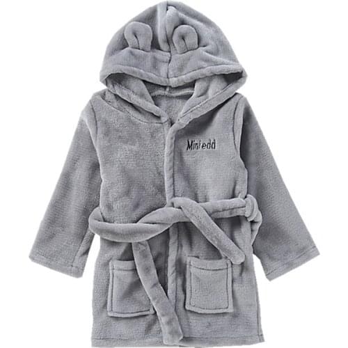 0-2 Years Baby Pajamas Newborn Belt Nightgrows Hooded Robes Baby Pajamas Grey Warm Flannel Autumn Winter Homewear Sleepwear Coat