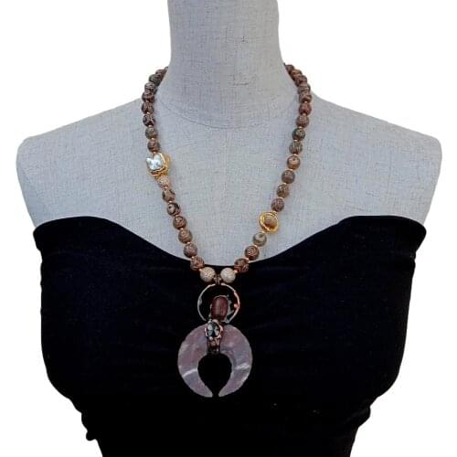 YYGEM Cat Eye Agate Crescent Pendant Dzi Agate Round Shape Pearl Flower Necklace