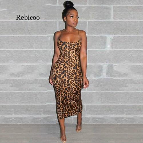 Sexy Rebicoo Leopard Print Midi Dress Women Clothes Plus Size Vestido Elegant Spaghetti Strap Bodycon Night Club Dresses