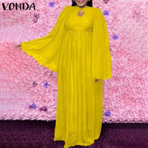 S- Women Dress VONDA Spring Autumn Elegant Solid Holiday Pleated Dresses Kleid Long Sleeve Maxi Sundress Femme Long Robe