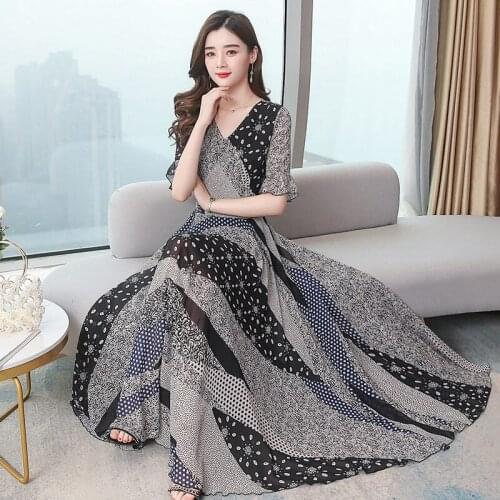 Retro 2021 Summer Womens Dress Chiffon Print V-Neck Short Sleeve Super Long Temperament Maxi Beach Dress Plus Size Robes zh119