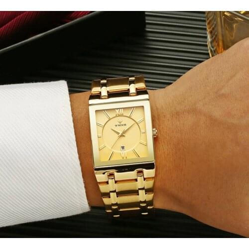 Luxury Gold Men Watches 2021 WWOOR Top Brand Fashion Square Quartz Watch Men Stainless Steel Waterproof Wrist Watch Dropshipping
