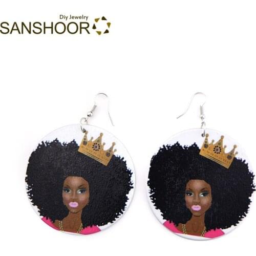 SANSHOOR Beautiful Headwrap Girl Wood Earrings African Queen Pattern Bohemia Jewelry As Christmas Gifts For Women 1Pair