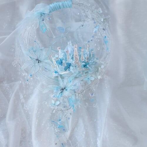 Blue jewelry flower Garland bouquet,crown style hand basket wedding bride holding flowers, crystal Pearl and blue Artificial Flo
