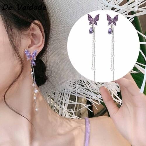 2021 Spring Korean New Fashion Butterfly Tassel Purple Pearl Earrings Temperament Long Pendants Earrings Elegant Lady Jewelry