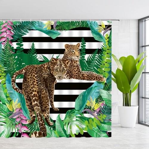 YSATNSFT Shower curtains of Textile Leopard Wild Animal Tropical Plant Leaves Floral Green Leaf Bathroom Decor Polyester Curtain