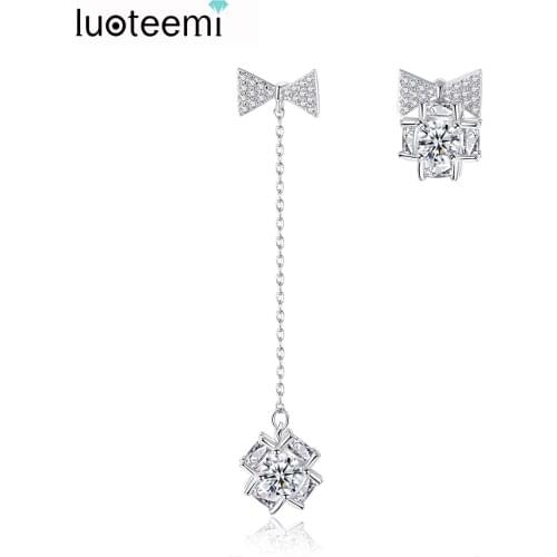 LUOTEEMI Two Bowknot CZ Drop Earrings for Women White Gold Color 8mm Crystal Ball Brincos Jewelry Fashion Girls Love Gifts