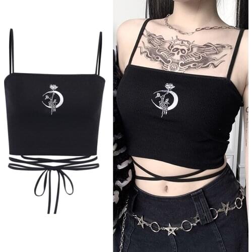 Sexy Punk Gothic Moon Camis Women’s Black Bandage Rose Skull Print Crop Tops Fashion Backless Sleeveless Tank Top Mujer