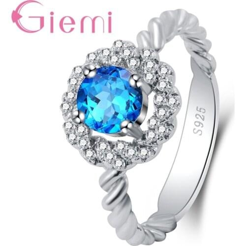 AAA+ Round Clear Bule Crystal 925 Sterling Silver Lace Ring For Women Girls Party Engagement Jewelry Wholesale