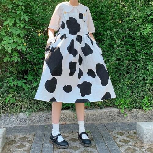 2021 New Summer Women Dress Preppy style White black cow print strap dresses female Sweet cute dresses