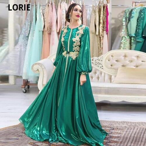LORIE Emerald Green Moroccan Kaftan Evening Dresses for Women Formal Gold Lace Dubai Princess Prom Celebrity Party Gowns 2020