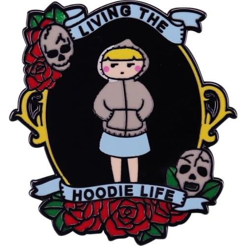 Living The Hoodie Life Enamel Pin Skull Flower Brooches Fun Novelty Gift for Introvert Friends