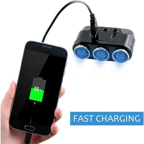 12V/24V 100W 3 Way Auto Sockets Car Cigarette Lighter Adapter Splitter Lighter 5V 1A 2.1A Output Power 2 USB Car Charger Ports