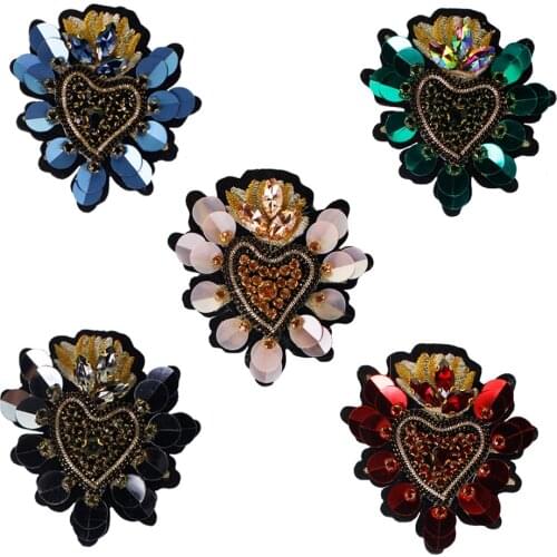 Rhinestones Heart Badges Beaded Patches Sew on Sequin Badge Embroidery Applique for Clothes Decorated Sewing 2 pieces
