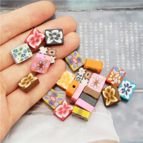 Julie Wang 20PCS Square Beads Polymer Clay Flower Pattern Spacer Beads Random Color Necklace Bracelet Jewelry Making Accessory